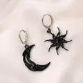 Vintage gothic moon and star asymmetric dangle earrings with black enamel finish - Matte Black (S129)