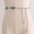 Cinturón de cadena de plata bohemio con piedras de ágata turquesa y colgantes de flores - L15 Plata
