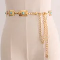 Cadena de cintura vintage de metal dorado con piedras turquesas y colgante rosa - L16 Dorado