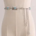 Cadena de cintura vintage de plata con piedras turquesas y colgante de flor para vestidos - L16 Plata
