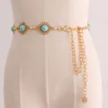 Vintage gold metal waist chain belt with turquoise stones and floral hollow patterns - L17 Gold