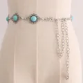 Vintage silver metal waist chain with turquoise floral discs for dresses and suits - L17 Silver