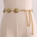 Vintage gold metal waist chain with blue turquoise stones and rose pendant for dresses - L18 Gold