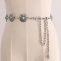 Bohemian silver metal waist chain with turquoise beads and rose flower pendant charm - L18 Silver