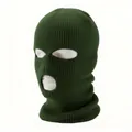 Dark green 3-hole knitted balaclava mask providing full face and neck winter protection - One Size (Elastic) / 3-Hole Army Green