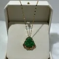 Green Maitreya Buddha pendant necklace with gold plating and cubic zirconia accents - Green