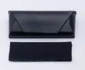 Foldable black faux leather triangular eyewear case with matching cleaning cloth set - Partagas Handmade Box Black