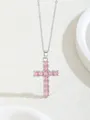 Pink zircon cross necklace with silver chain and minimalist crystal pendant design - W101-pj1025-slpk