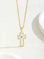 Golden cross necklace with evil eye charm and white zircon paving on o-ring chain - 0831-gd