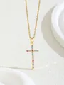 Golden cross necklace with colorful zircon gemstones on minimalist fine O-chain link - W101-xl0861-gd