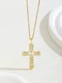 Elegant gold cross necklace with micro-pave zircons and emerald-cut center stone - Gold Baguette Cut Main Stone Cross (W101-PJ0945-GD)