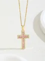 Golden cross necklace with pink square zircon pendant and sparkling crystal details - 0348-pk