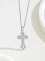 Silver-toned cross necklace with cubic zirconia double layer pendant on O-chain link - W101-pj0955-sl