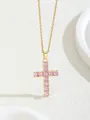 Elegant gold cross necklace featuring pink cubic zirconia stones on a dainty chain - W101-pj1025-gdpk