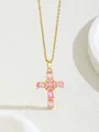 Gold necklace with pink zircon cross pendant featuring elegant claw setting details - W101-xl0438-fs