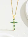 Elegant gold cross necklace featuring eleven round green zircon stones on fine chain - W101-xl0362-gn