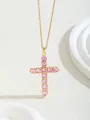 Elegant gold-tone cross necklace featuring eleven sparkling pink cubic zirconia stones - W101-xl0445-fs