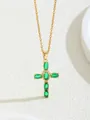 Golden cross necklace with oval green zircon stones and sparkling white diamond accents - W101-xl0700-gn