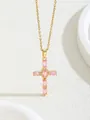 Gold cross necklace featuring pink oval cubic zirconia stones and refined curb chain - W101-xl0700-pk