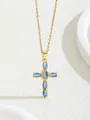 Elegant gold cross necklace featuring oval blue sapphire zircons on a delicate chain - Gold Blue Oval Gemstone Cross (W101-XL0700-BU)