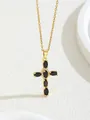 Golden cross necklace with six oval black gemstones and sparkling center crystals - W101-xl0700-bk