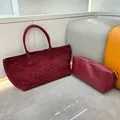Deep burgundy woven suede leather tote bag set with matching smooth leather pouch - Large Handheld Tote Bag / Large Wine Red No Strap