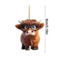 Detailed size view of highland cow hanging ornament with 8cm 3.15in height dimension - Brown Highland Cow with Glasses Style