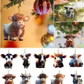 Set of 10 cartoon Highland Cow Christmas ornaments with golden strings and flower crowns - Multi-style Mixed Combination Set