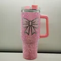 Pink rhinestone insulated 40oz tumbler with sparkling bow pattern and handle - 1.1L-2L / Pink Bow Style