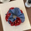 Retro blue denim and red polka dot scrunchie with letter print on a beige book - Blue Red Double Layer (90# Hair Ring)