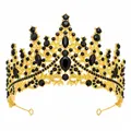 Golden baroque bridal crown featuring intricate black crystal rhinestones and teardrop gems - Gold + Black Zirconia