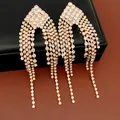 Detailed macro shot of elegant gold-toned rhinestone tassel fringe drop earrings - Gold