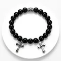 Bracciale da uomo in onice nero con pendenti a croce in argento e dettagli corona in zircone - Stile Doppia Croce Agata Nera (KB69791-BD) / 8mm