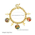 Detailed view of 18K gold plated stainless steel religious charm bracelet with dimensions - B2143