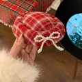 Red plaid mini beret hair clip with pearl bow detail and festive pom pom accent - Red Tartan Pearl Bow Style / Duckbill Hair Clips