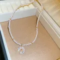 Elegant pearl necklace with 18k gold plated daisy flower pendant and sparkling zircons - 18K Gold Plated Daisy Style / Gold-Pink