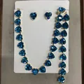 Sparkling blue heart crystal jewelry set including necklace bracelet and earrings - Blue