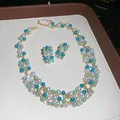 Elegant French vintage necklace and earring set with teal and white faux pearls and crystals. - Necklace Earring Jewelry / Green Blue