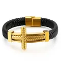Geflochtenes schwarzes Lederarmband für Herren mit goldenem Stahlkreuz und Weizenähren-Muster - 19cm / Weizenmuster Kreuz (KB130232-KFC) / Gold
