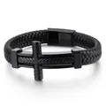 Herren Retro-Armband aus schwarzem geflochtenem Leder mit Weizenmuster-Kreuz aus Titanstahl - 19cm / Strahlendes Muster Kreuz (KB130230-KFC) / Schwarz