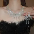 Detailed shot of glittering rhinestone necklace and earring set with teardrop tassels - Snowflake Floral Drop Fringe Style (14#)