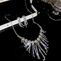 Silver rhinestone fringe necklace and earring jewelry set for elegant evening wear - Style 21 Multi-row Tassel Flower