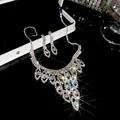 Silver-tone rhinestone water drop pendant necklace and earring set with sparkle effect - Style 22 V-shaped Drop Large Rhinestone
