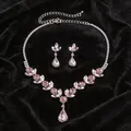 Elegant pink rhinestone water drop jewelry set featuring necklace and dangle earrings - Pink Water Drop Dangle Style (34#)