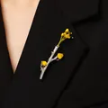 Artistic silver branch brooch with yellow dried flowers pinned on a black suit - Branch Brooch (06-A-1128-Without Flower) / Silver