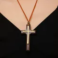 Retro Halloween wooden cross necklace with vintage gold inlay and brown suede cord - Coffee (4895)