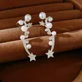 Detailed macro view of elegant zircon star and pearl ear clips on velvet background. - Silver