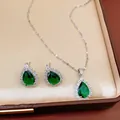 Elegant water drop emerald green zircon jewelry set featuring a necklace and earrings - Necklace and Earrings Set / Silver-Green