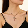 Cross pendant necklace in gold finish with multi-colored crystals and beaded chain - Colored Gemstone Cross (6715)
