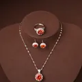 Elegant 3-piece silver jewelry set with radiant orange zircon pendant, ring and earrings - Necklace Earrings And Ring Set / Silver-Orange